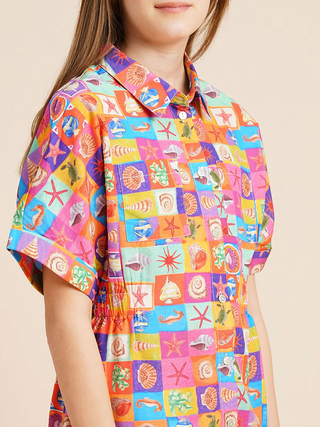 Girls Red Printed Shirt Dress - Image 4