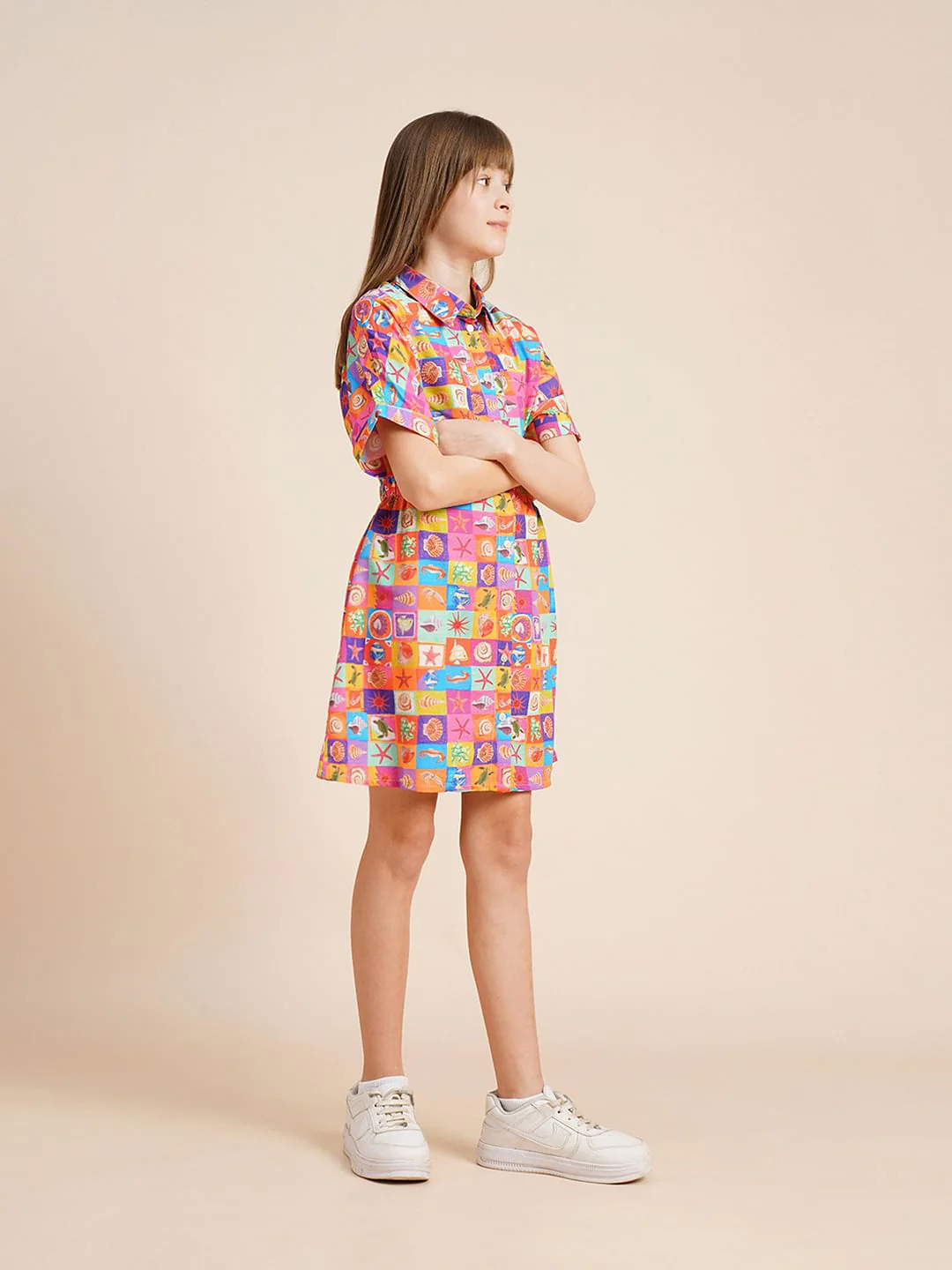 Girls Red Printed Shirt Dress - Image 5