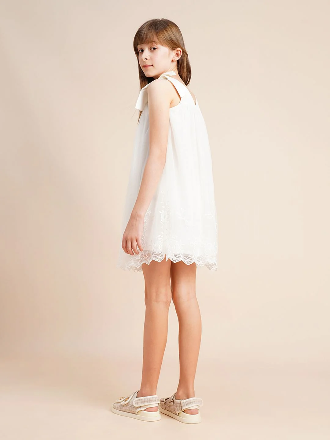 Girls White Textured Bow Detail Dress - Image 3