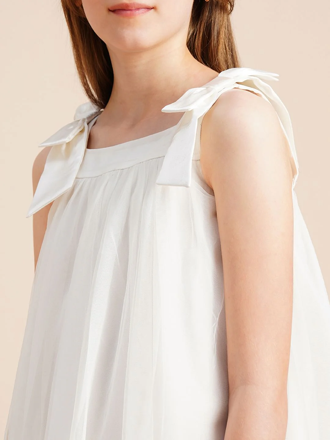 Girls White Textured Bow Detail Dress - Image 4