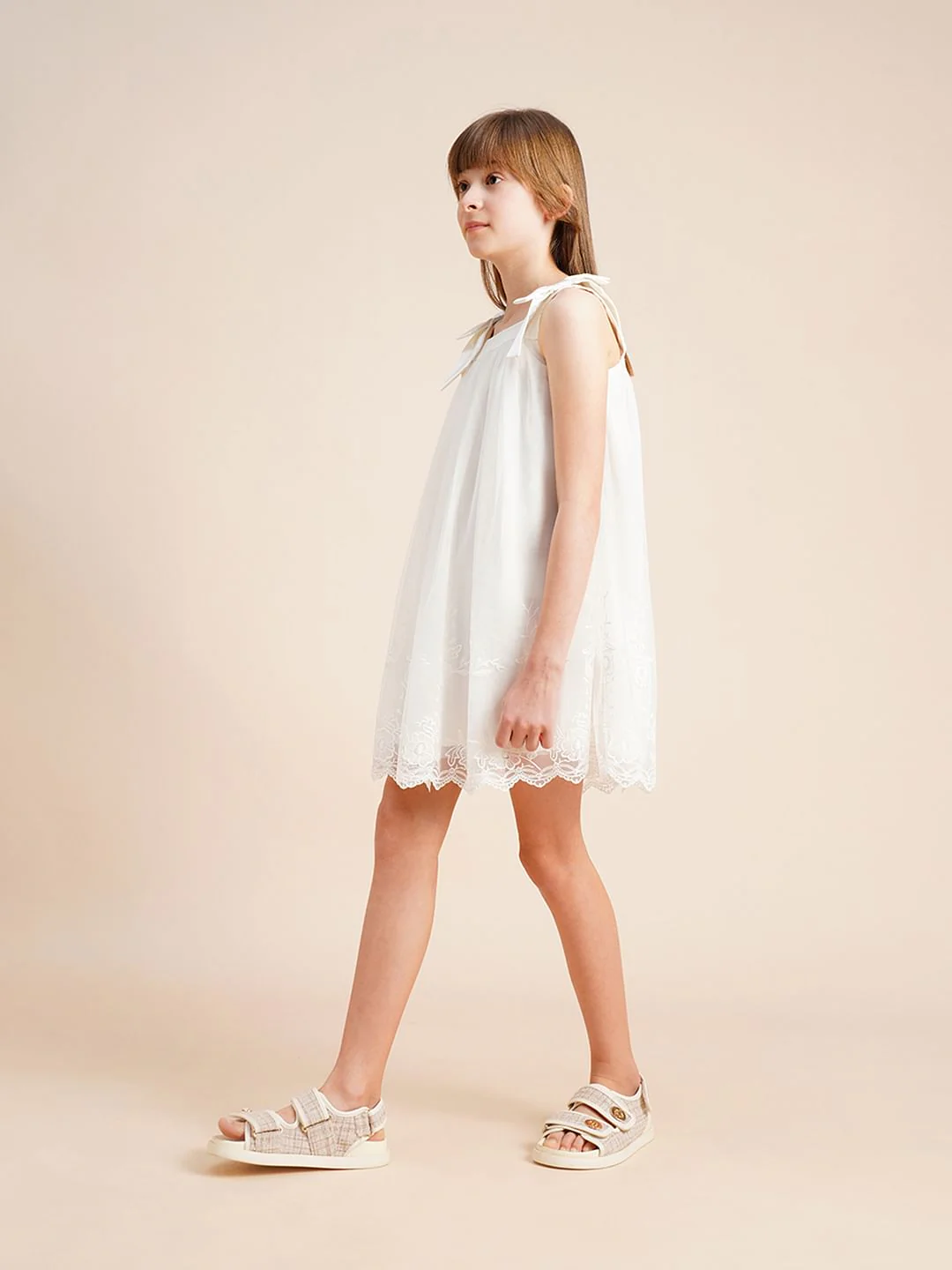 Girls White Textured Bow Detail Dress - Image 5