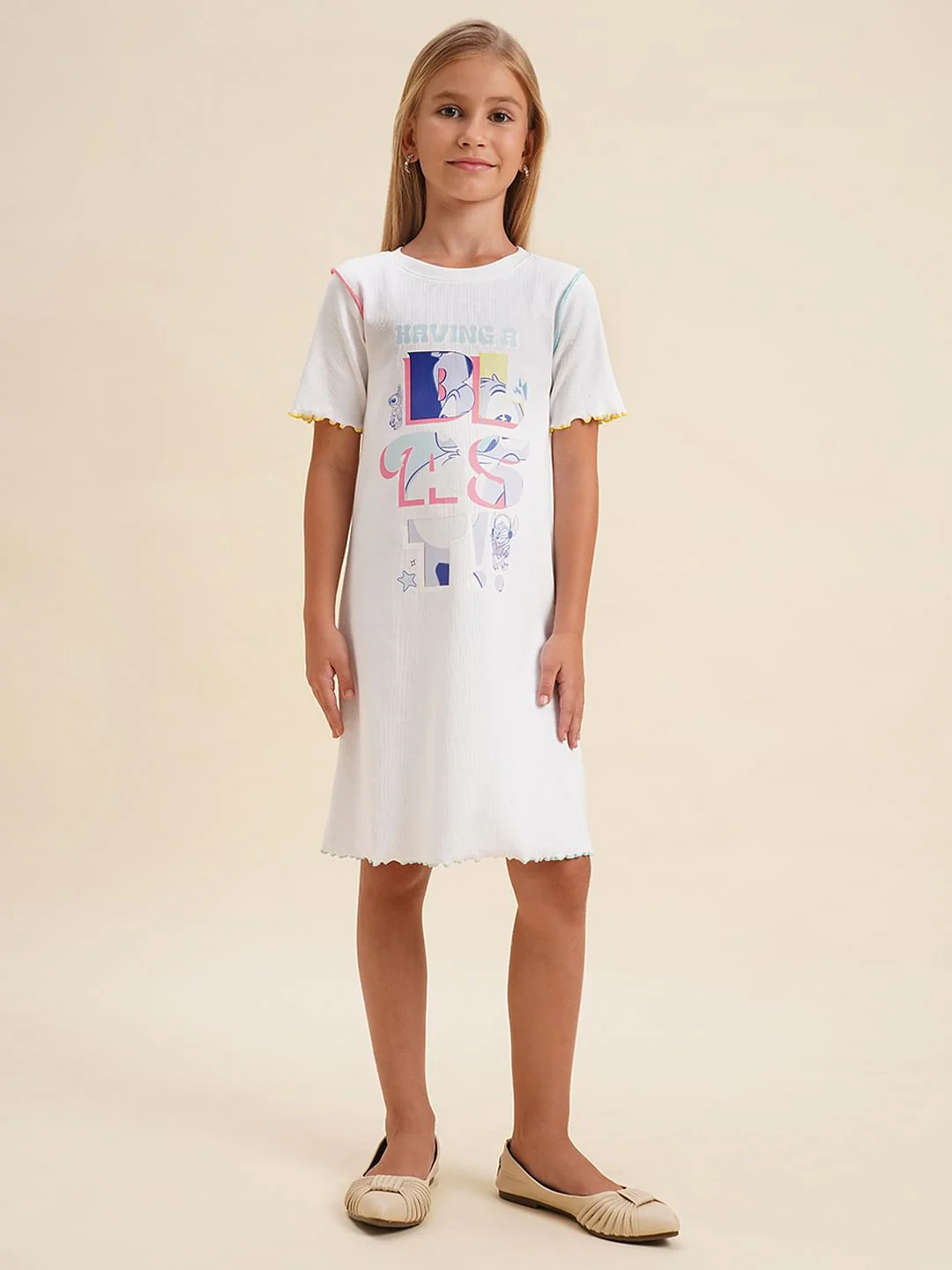 Girls White Printed Shift Dress - Image 2