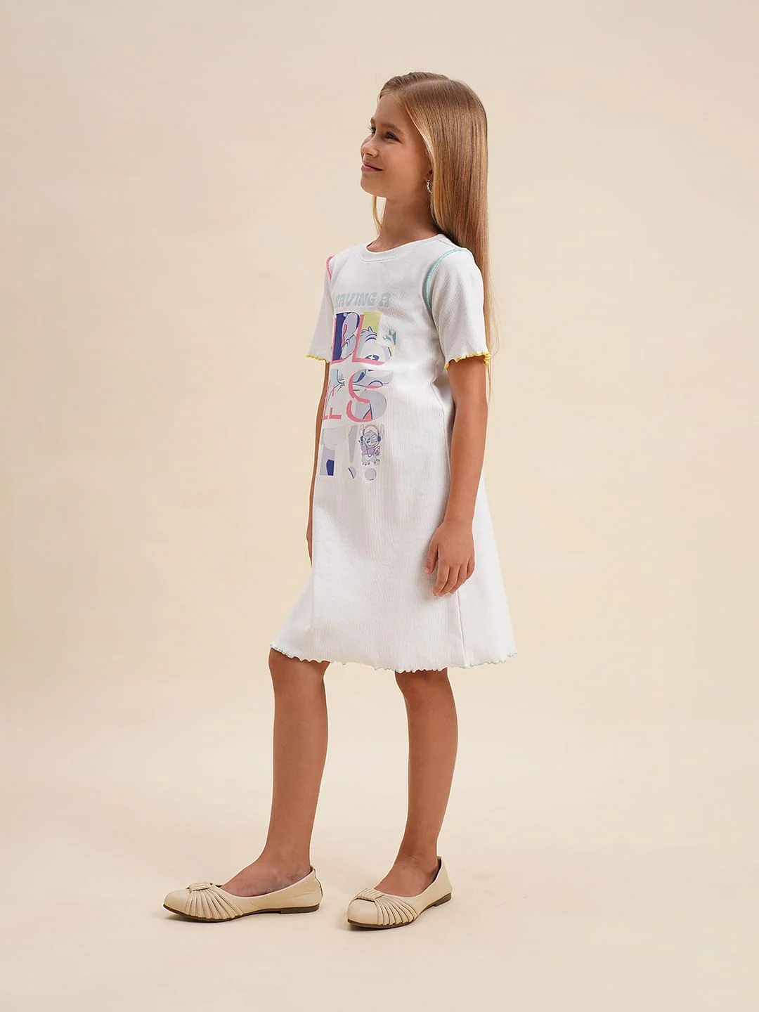 Girls White Printed Shift Dress - Image 5