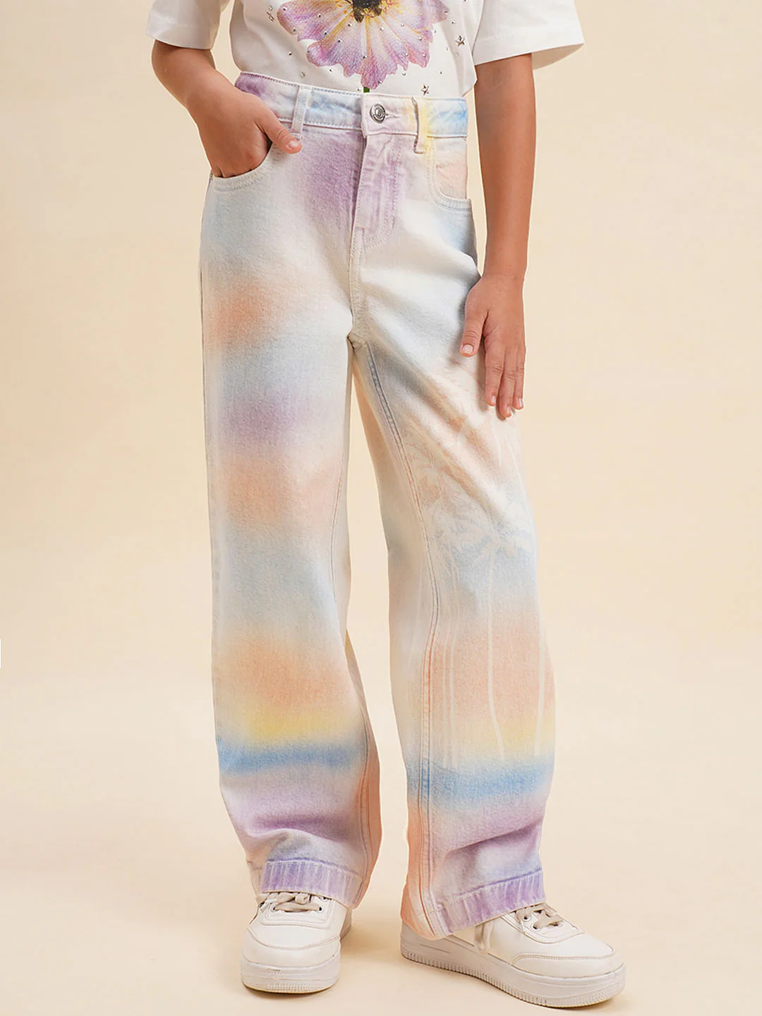 Girls Light Blue Tropical Print Wide Leg Jeans - Image 2