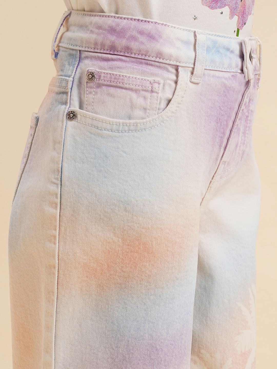 Girls Light Blue Tropical Print Wide Leg Jeans - Image 4