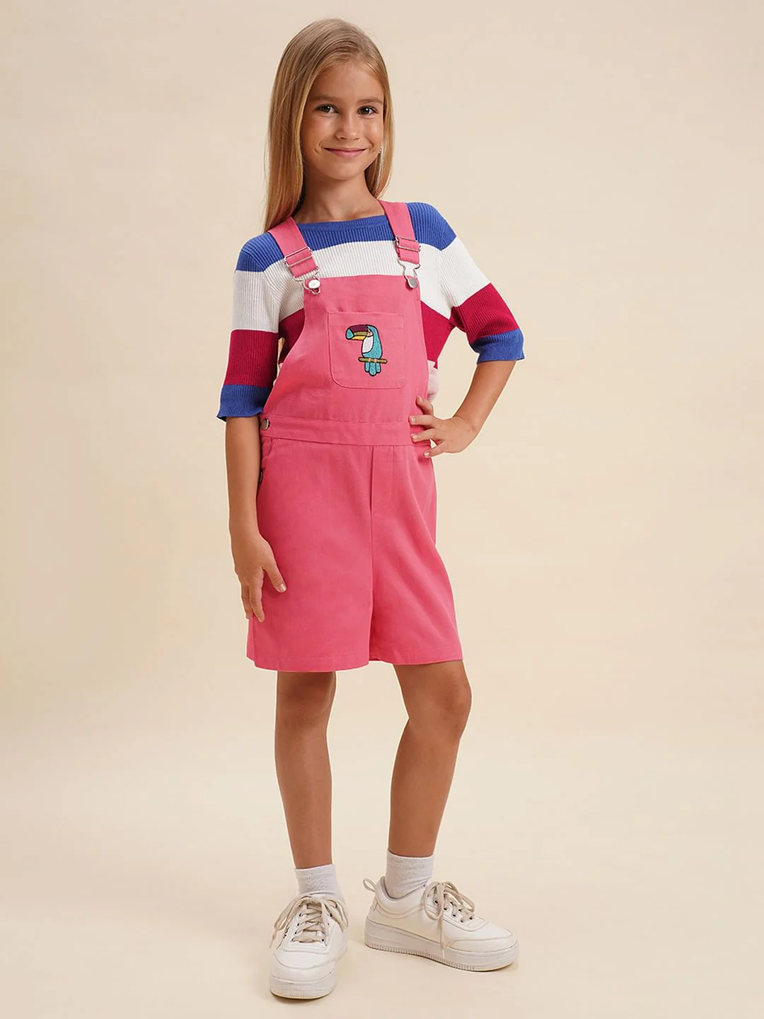 Girls Pink Printed Cotton Dungaree - Image 2