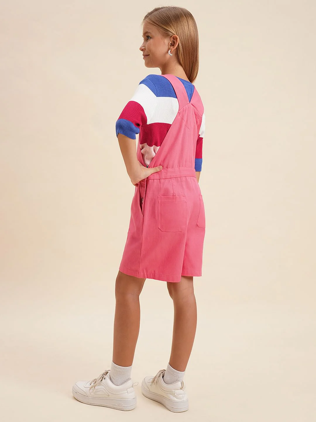 Girls Pink Printed Cotton Dungaree - Image 3