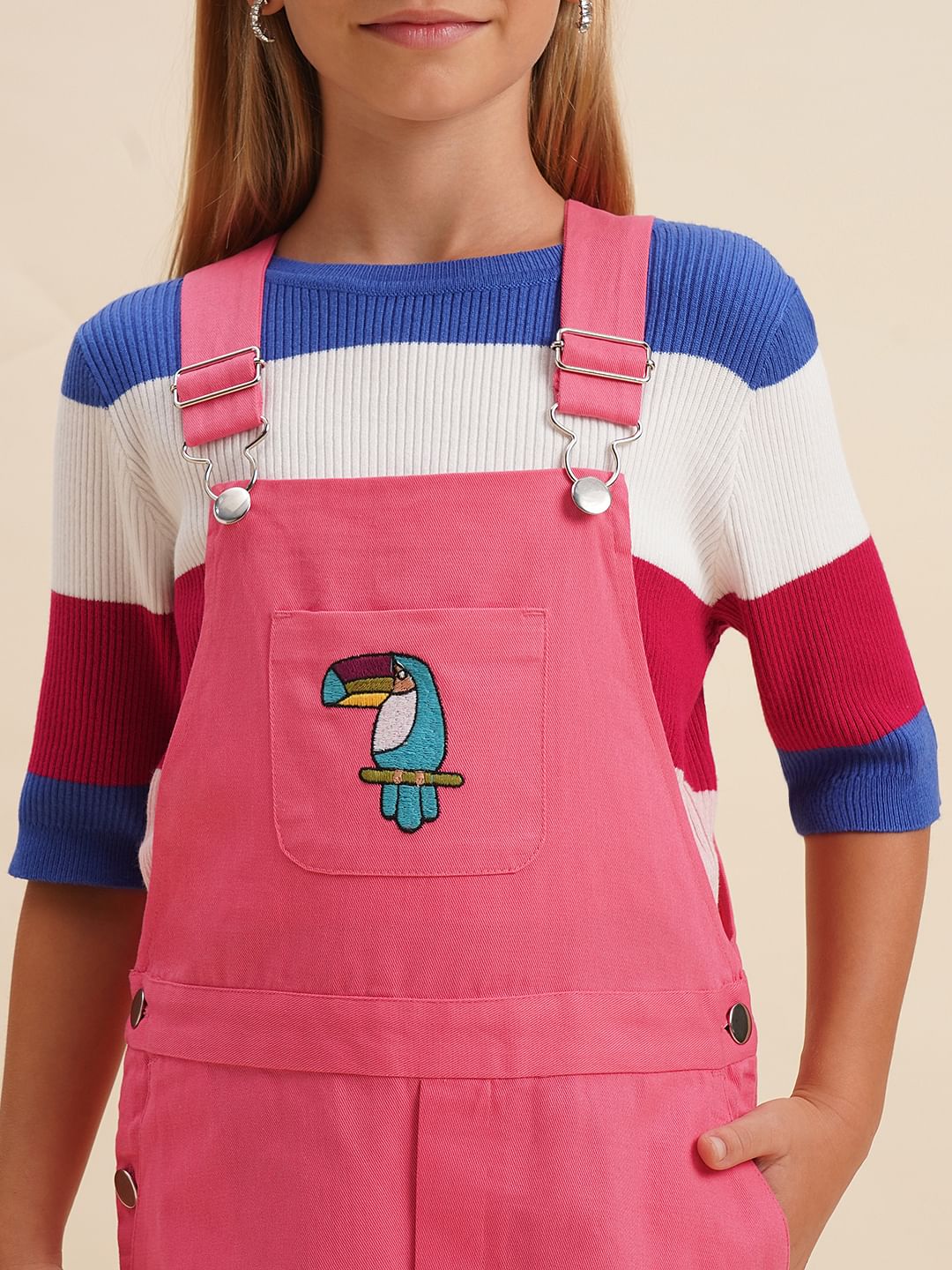 Girls Pink Printed Cotton Dungaree - Image 4
