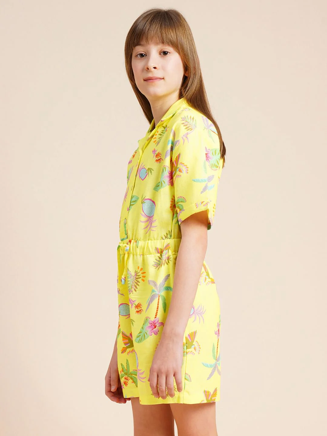 Girls Yellow Tropical Print Playsuit - Image 2