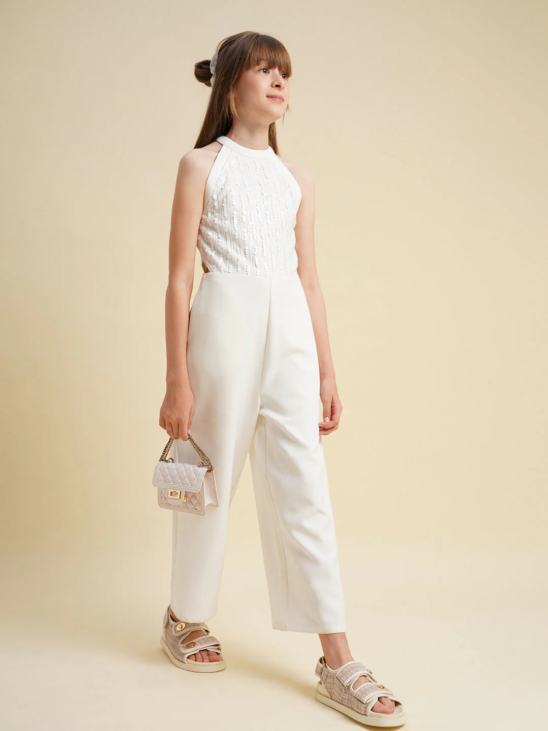 Girls White Embellished Jumpsuit - Image 5