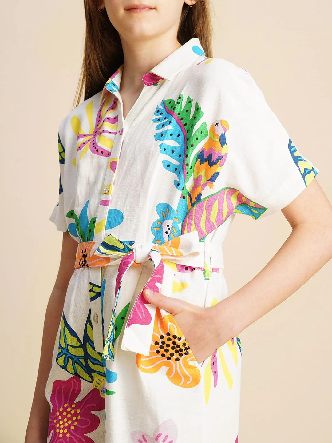 Girls White Printed Jumpsuit - Image 4