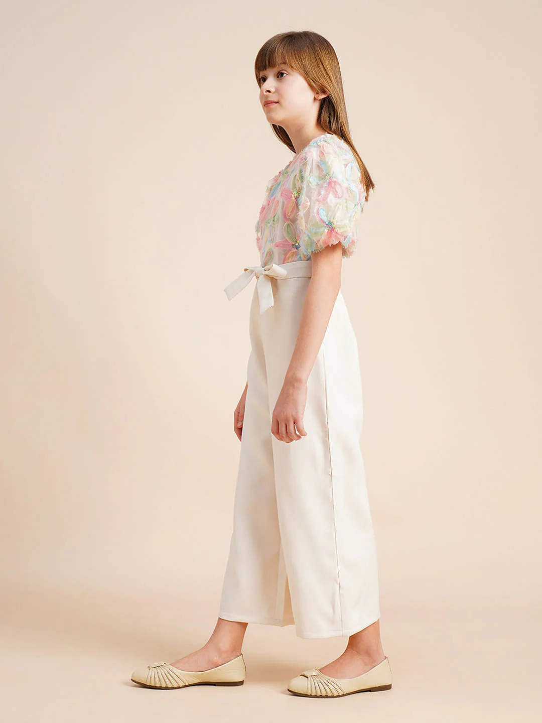 Girls Beige Floral Textured Jumpsuit - Image 2