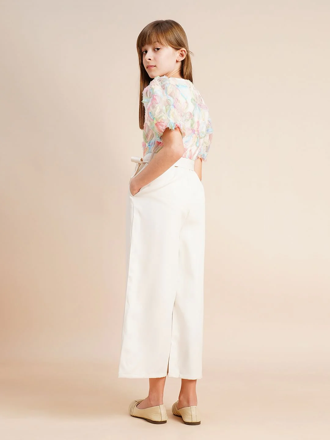 Girls Beige Floral Textured Jumpsuit - Image 3