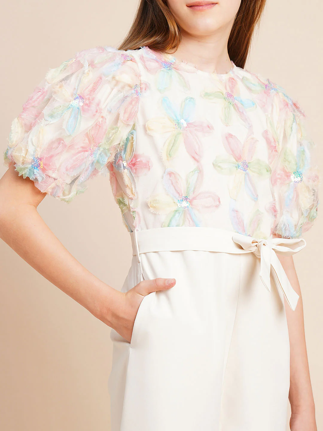 Girls Beige Floral Textured Jumpsuit - Image 4