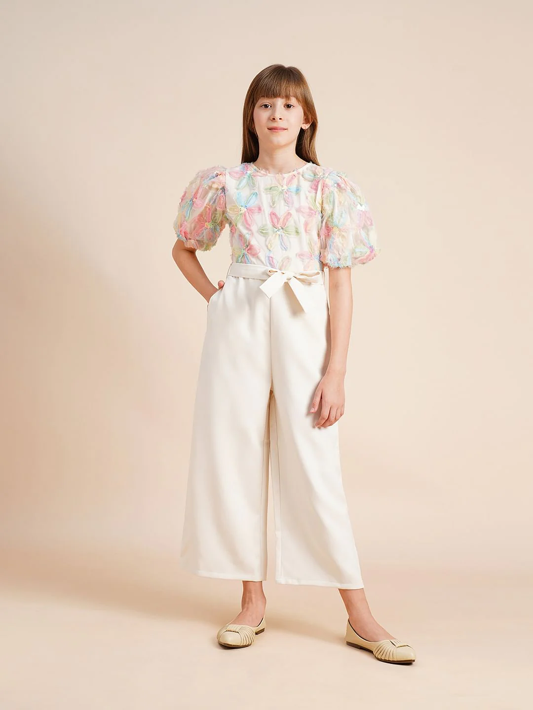 Girls Beige Floral Textured Jumpsuit - Image 5