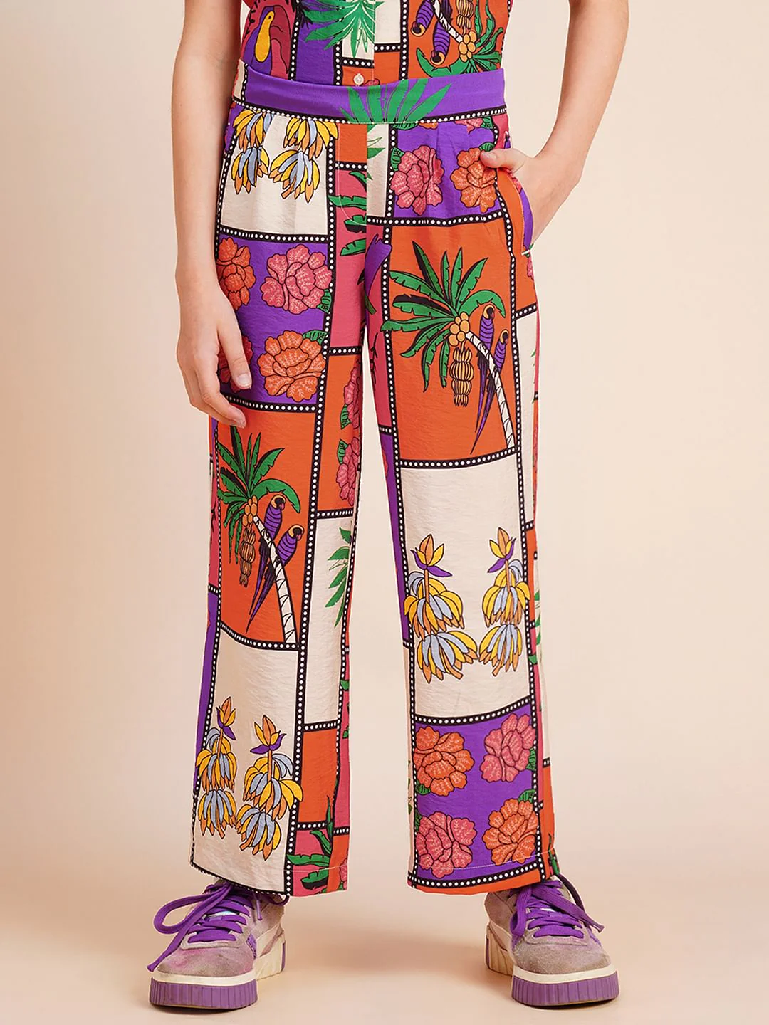 Girls Purple Printed Co-Ord Set Pants - Image 2