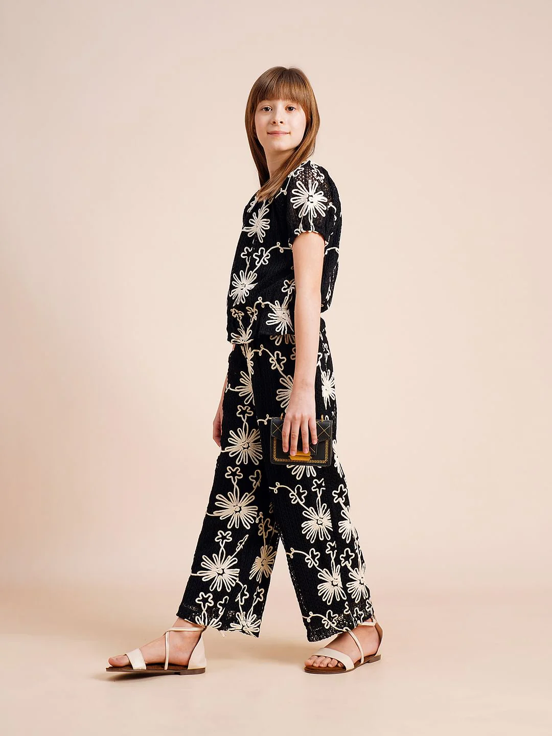 Girls Black Embroidered Co-Ord Set Pants