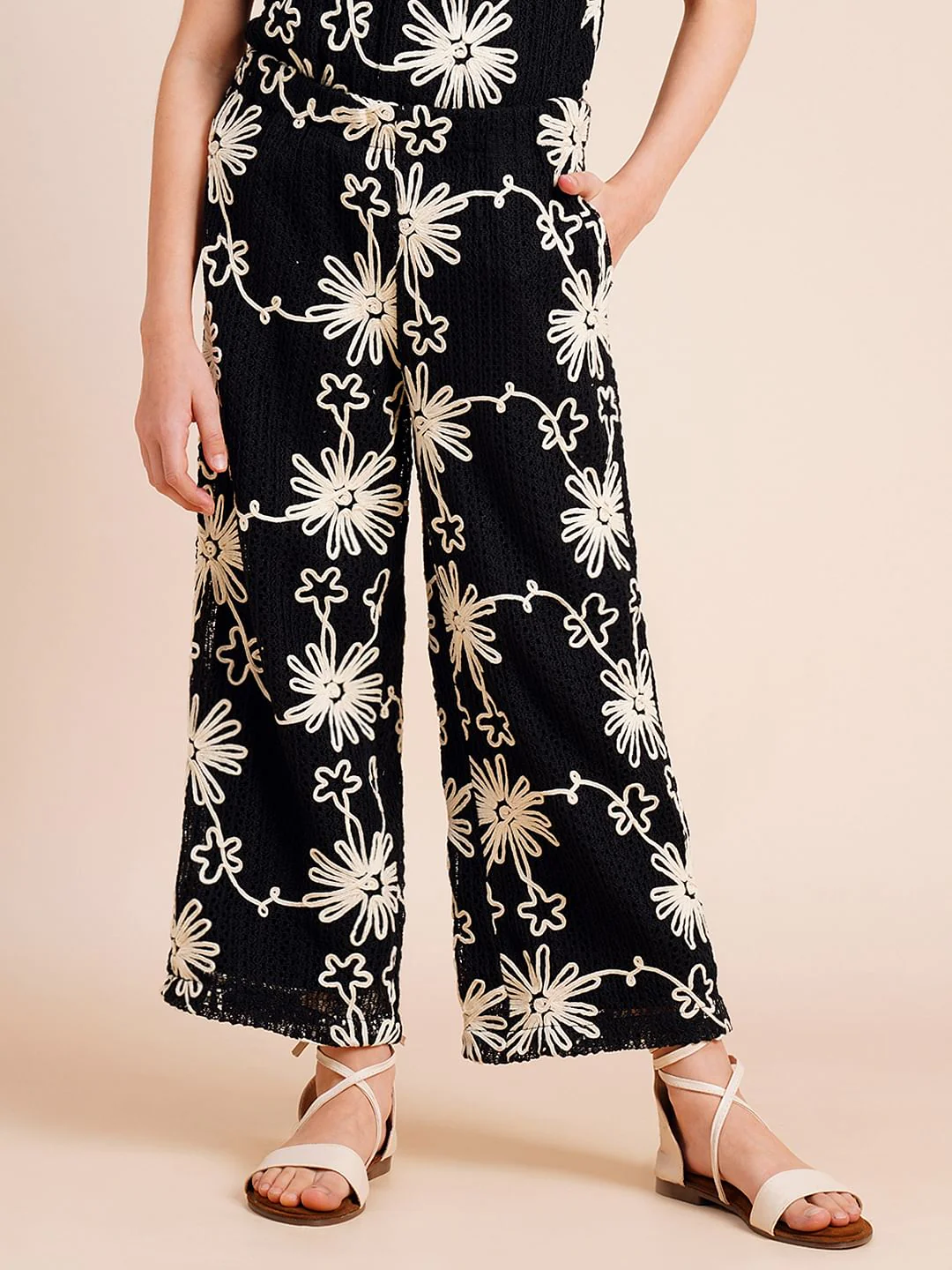 Girls Black Embroidered Co-Ord Set Pants - Image 2