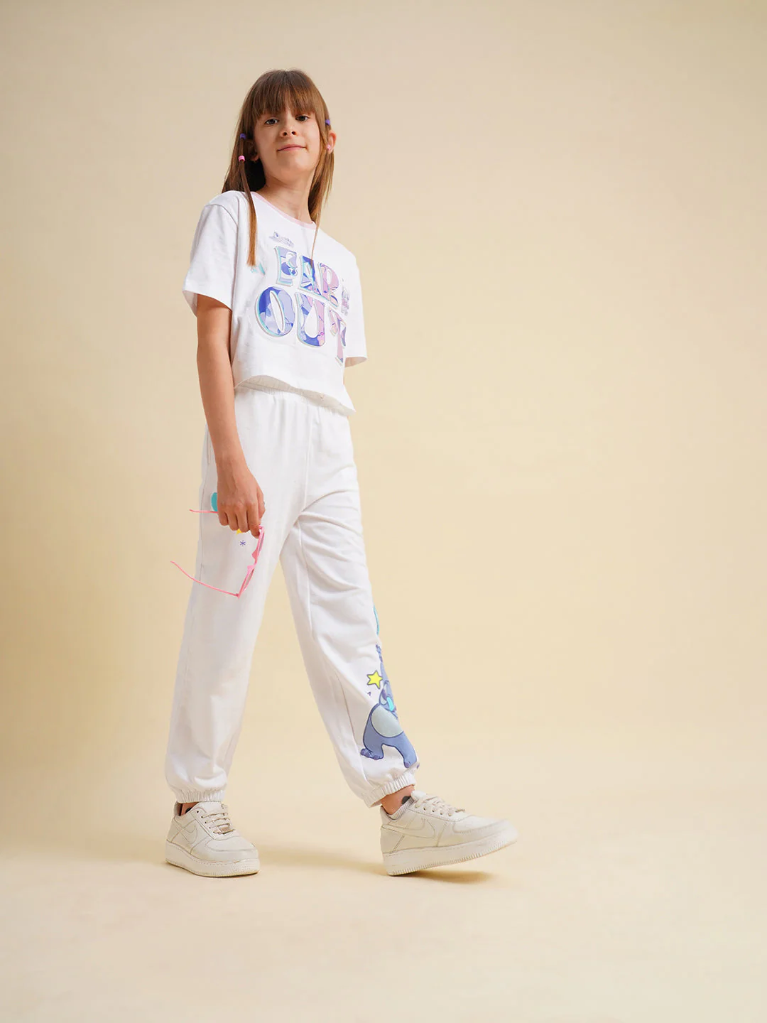 Girls White Stitch Graphic Print Joggers