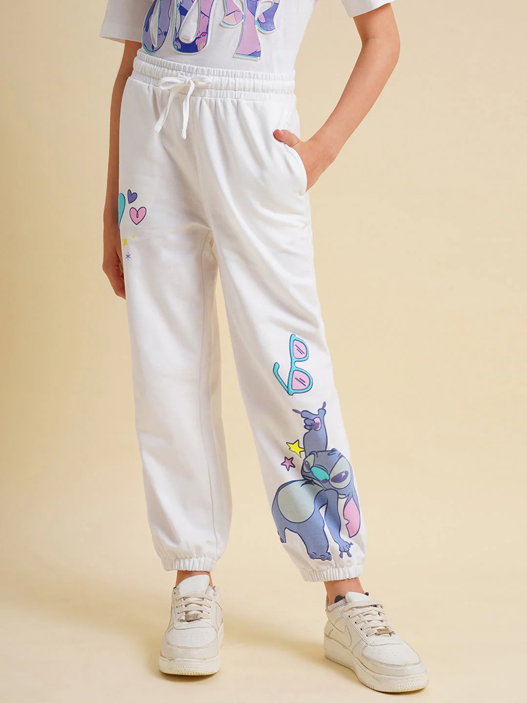 Girls White Stitch Graphic Print Joggers - Image 2