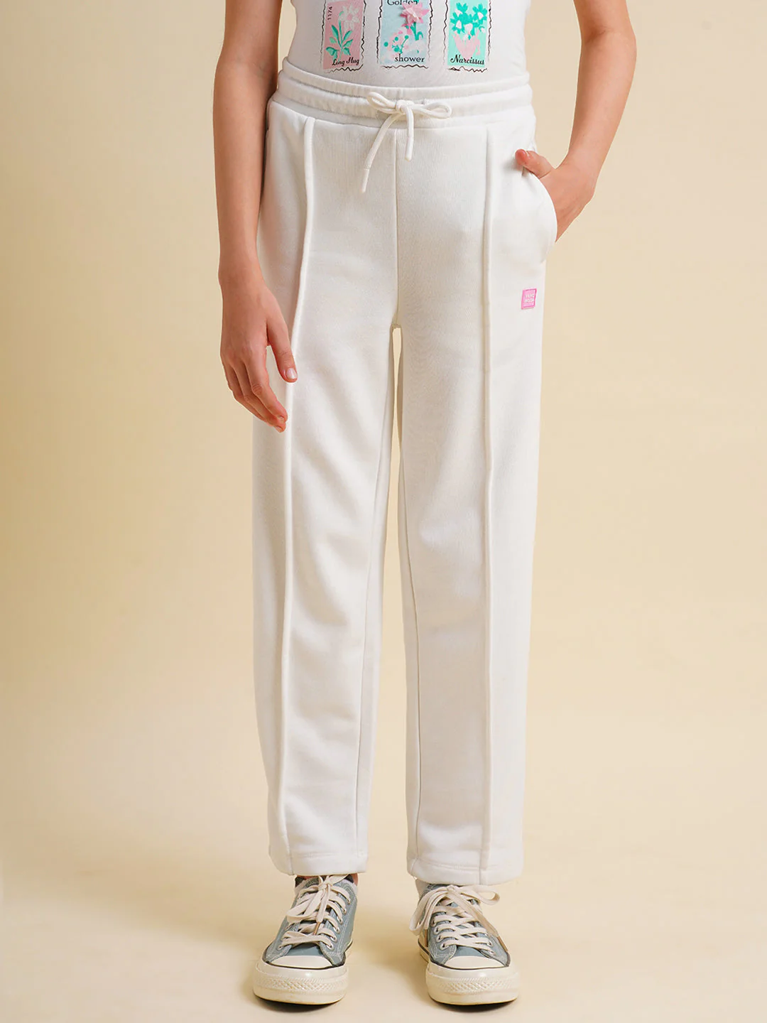 Girls White Cotton Relaxed Fit Joggers - Image 2