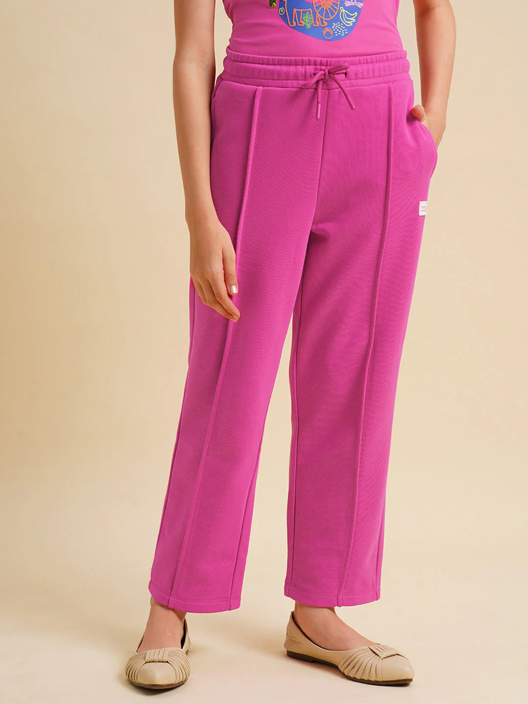 Girls Pink Cotton Relaxed Fit Joggers - Image 2