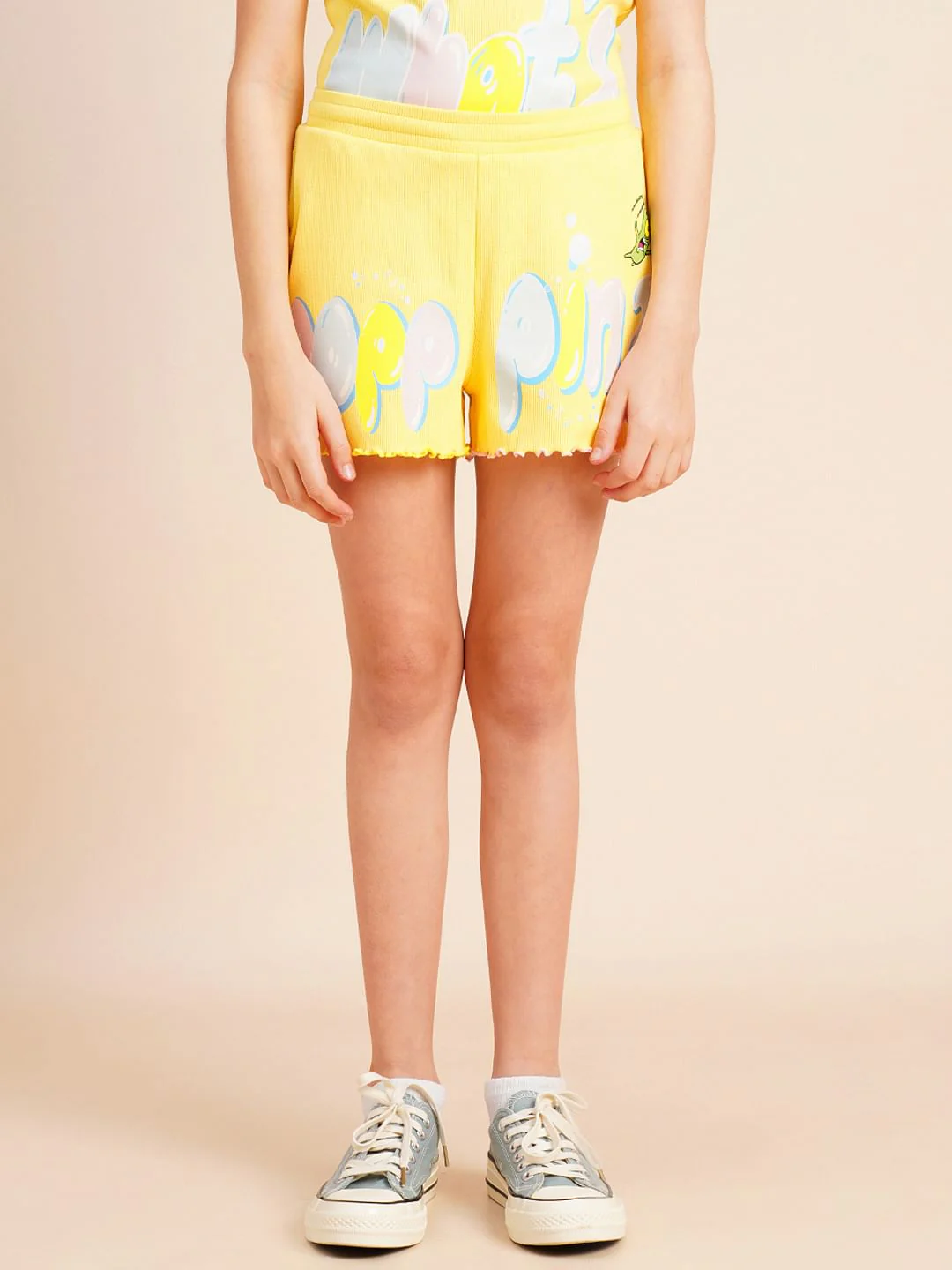 Girls Yellow Ribbed Co-Ord Set Shorts - Image 2