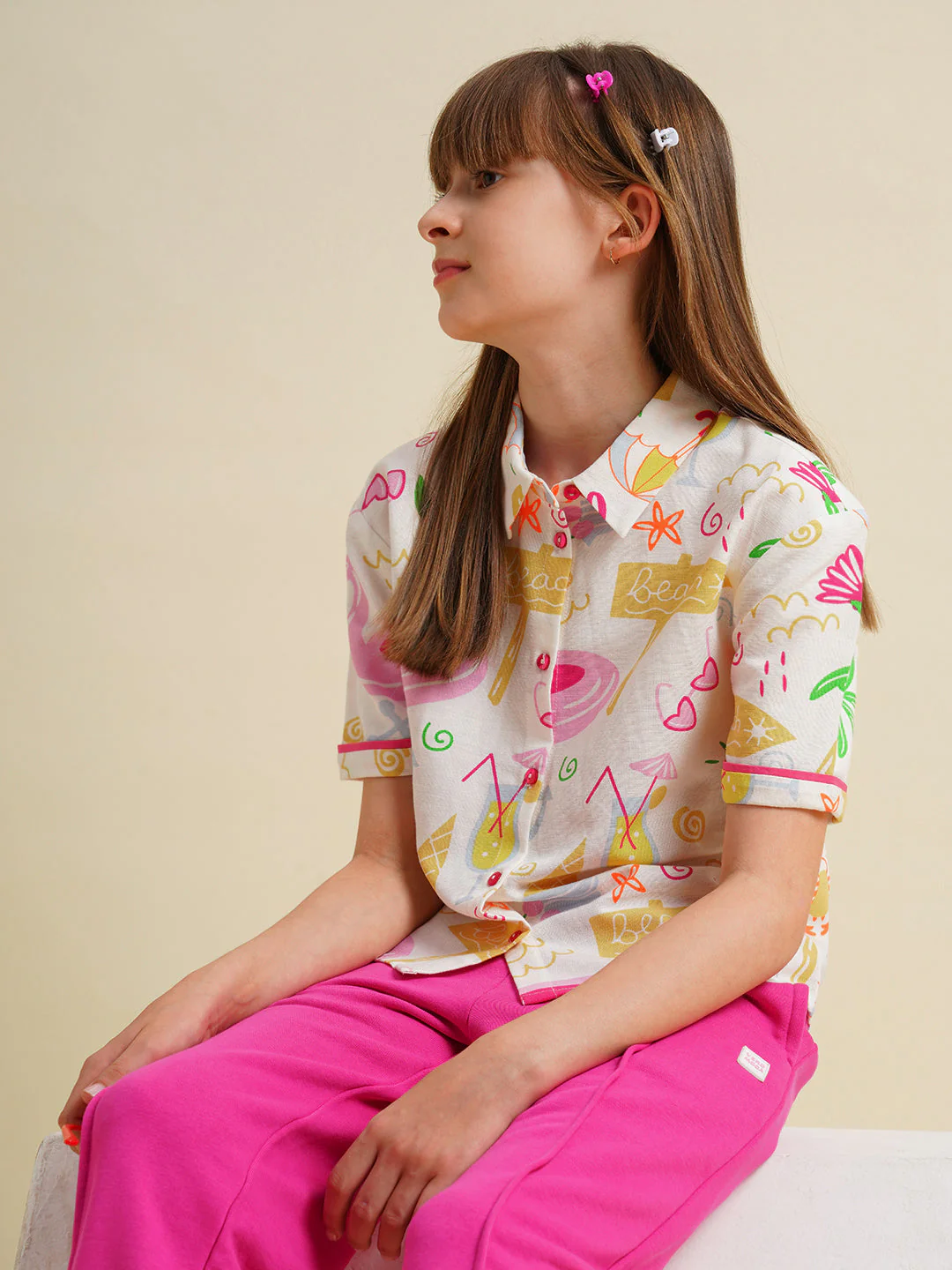 Girls White Printed Cotton Shirt