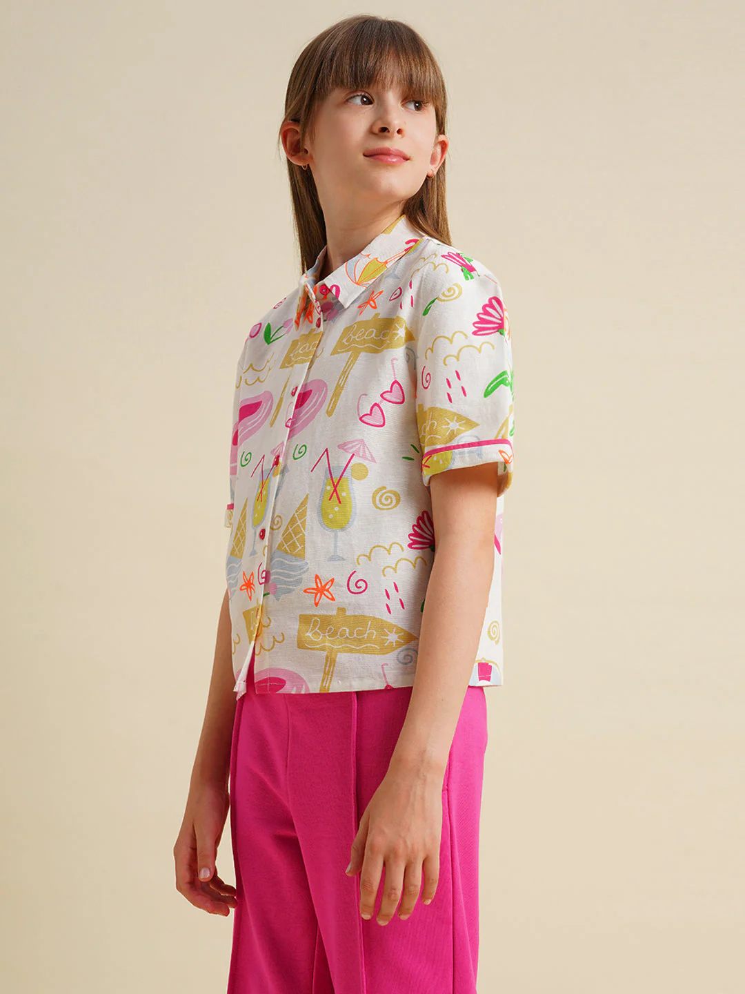 Girls White Printed Cotton Shirt - Image 2