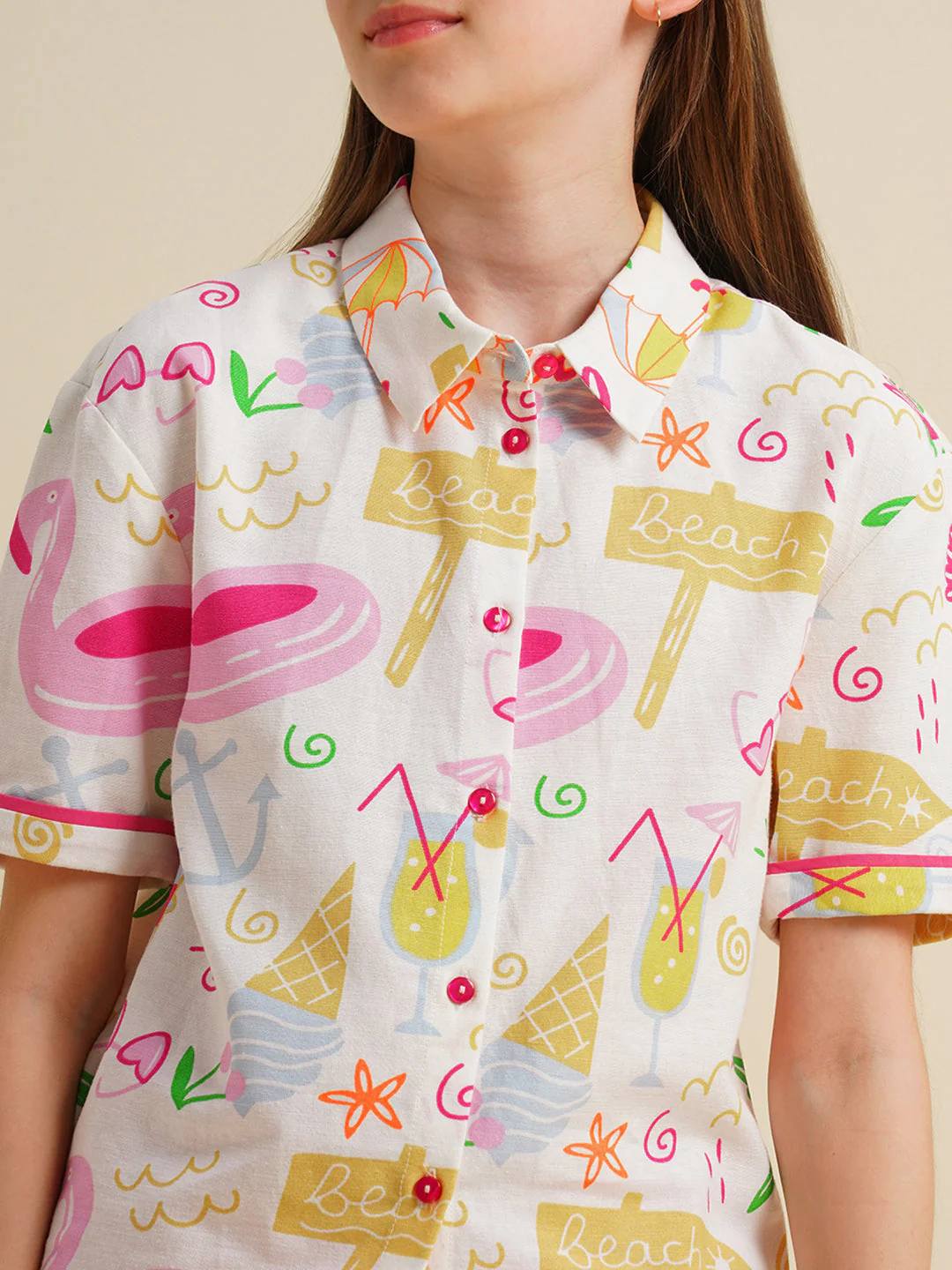 Girls White Printed Cotton Shirt - Image 4