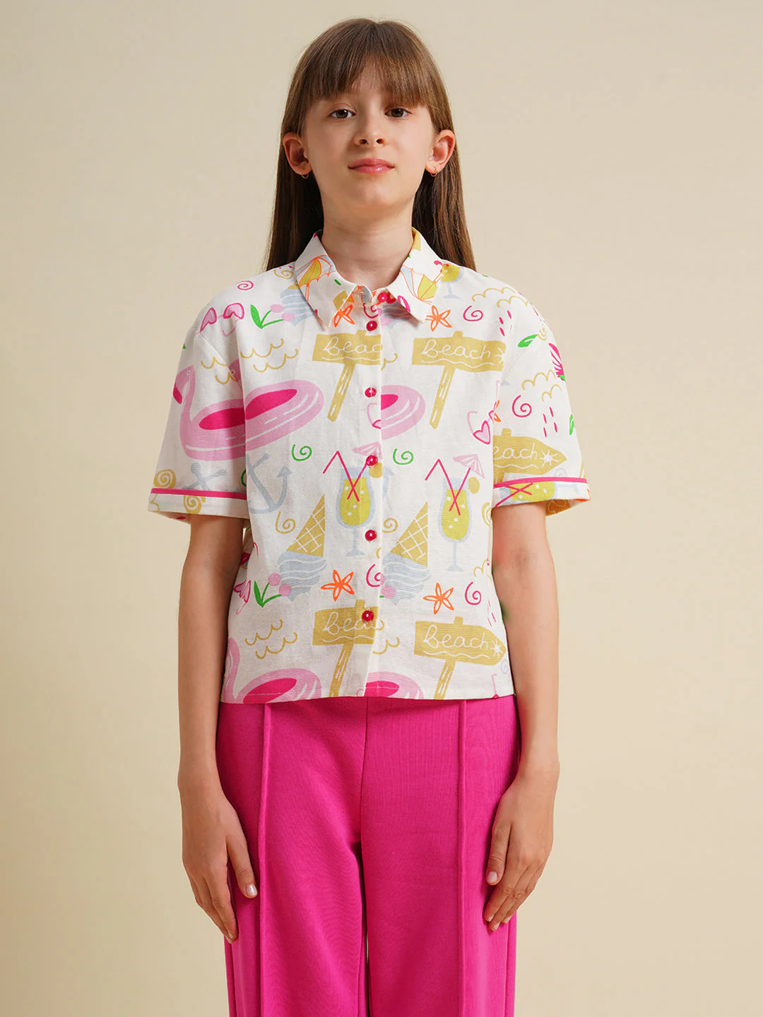 Girls White Printed Cotton Shirt - Image 7