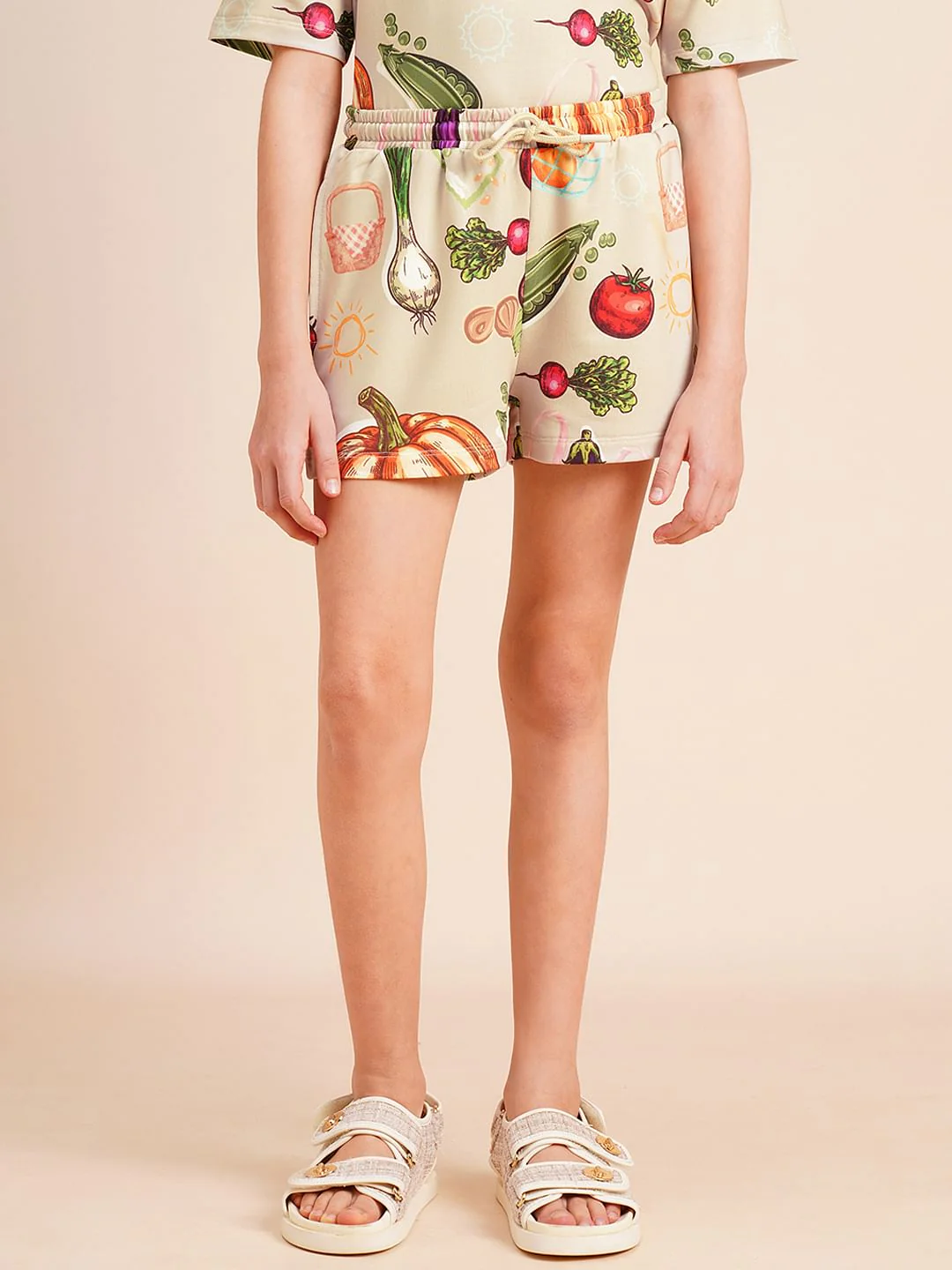 Girls Beige Veggies Print Co-Ord Set Shorts - Image 2