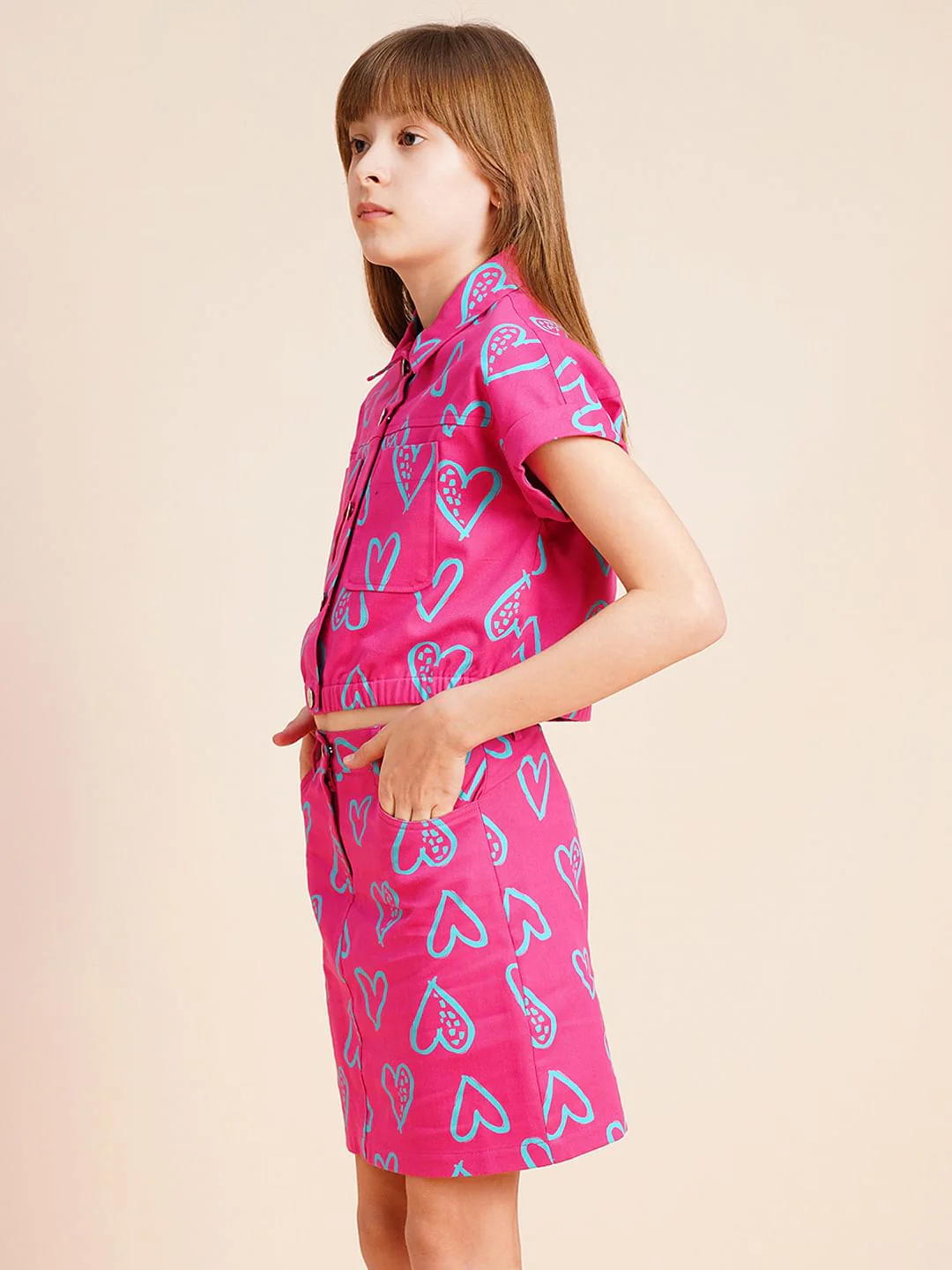 Girls Pink Heart Print Co-Ord Set Shirt - Image 2