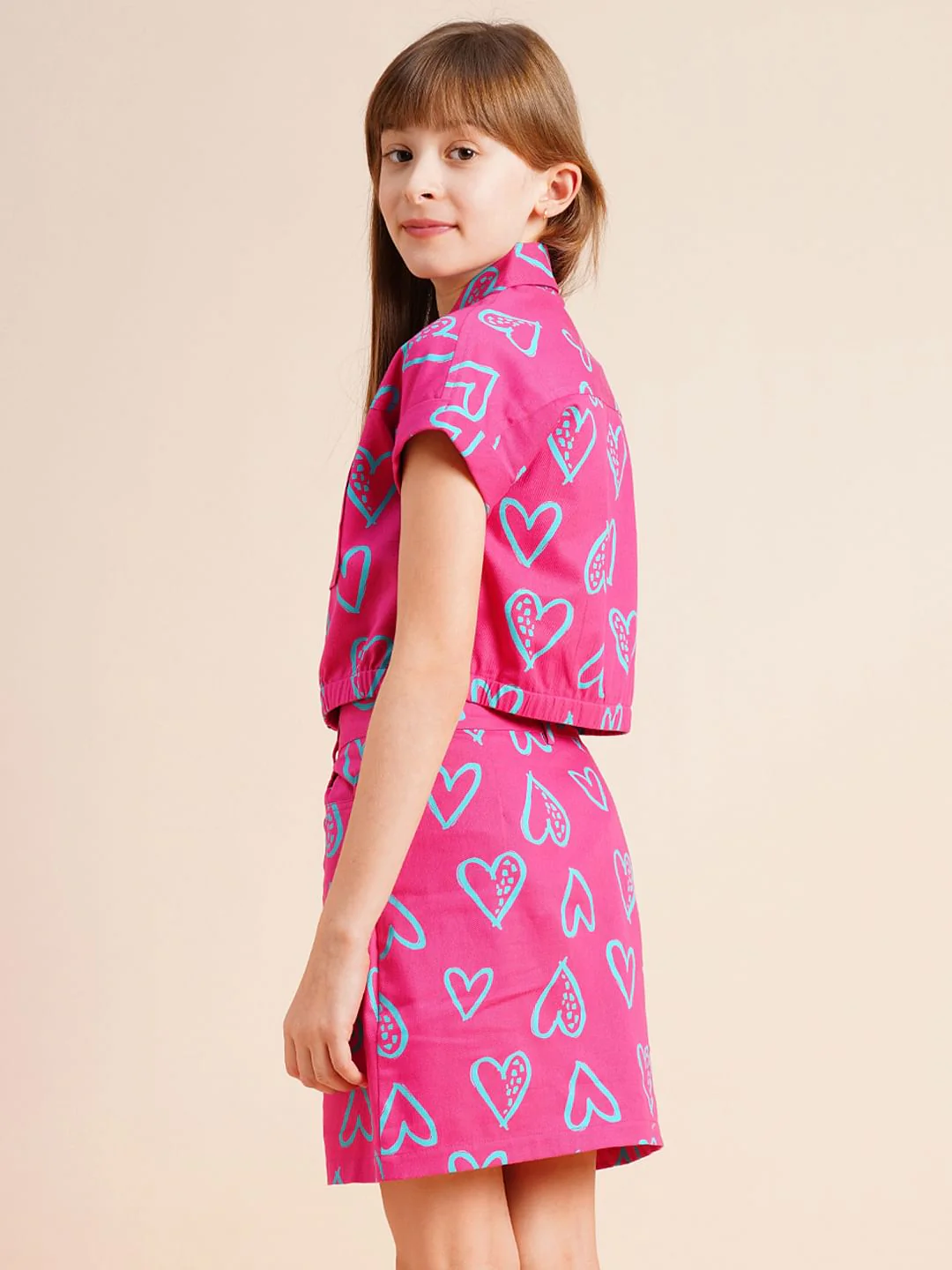 Girls Pink Heart Print Co-Ord Set Shirt - Image 3