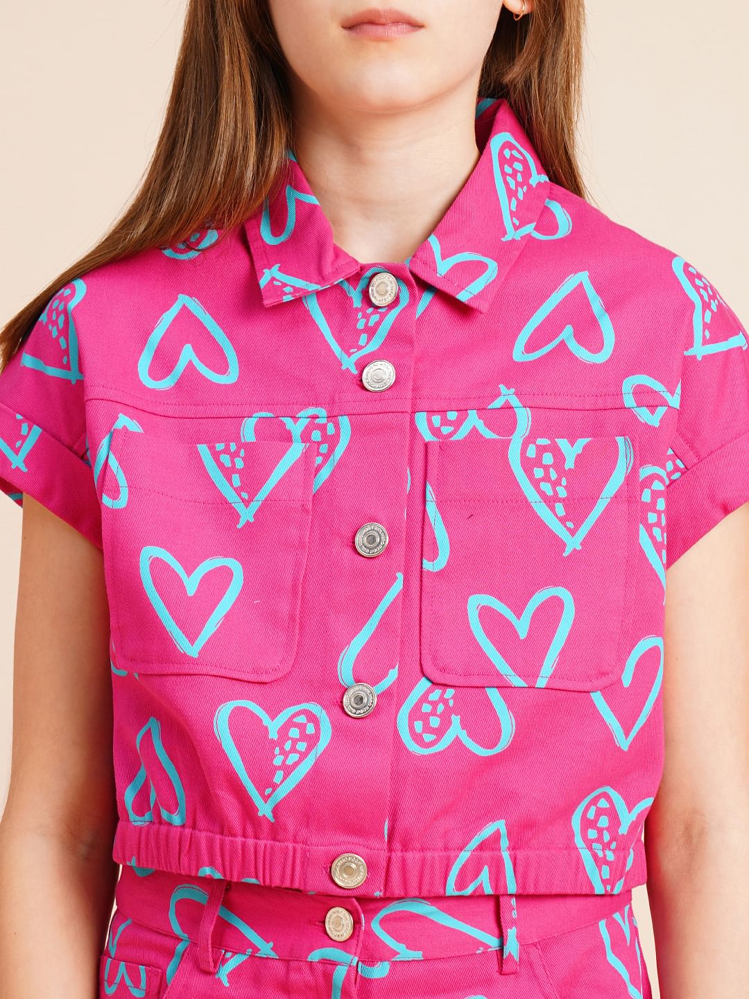 Girls Pink Heart Print Co-Ord Set Shirt - Image 4