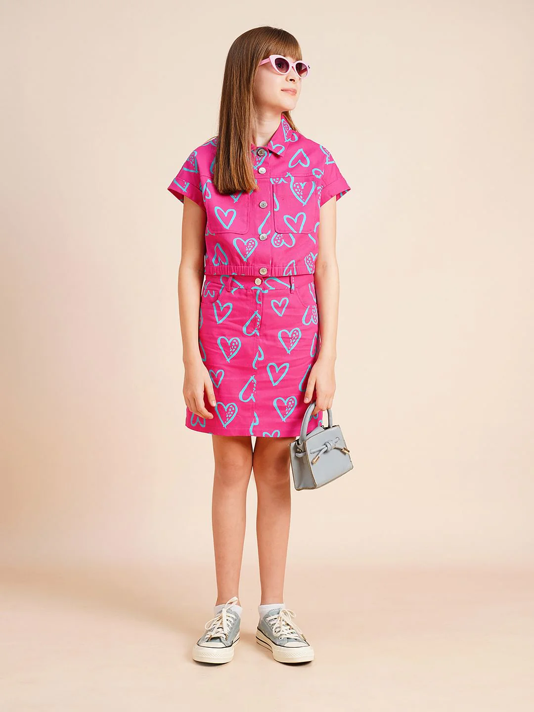 Girls Pink Heart Print Co-Ord Set Shirt - Image 5