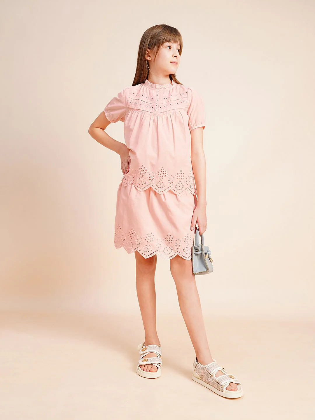 Girls Pink Schiffli Co-Ord Set Skirt