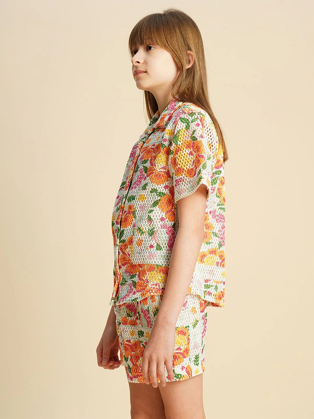 Girls Multi-Colour Crochet Printed Shirt - Image 2