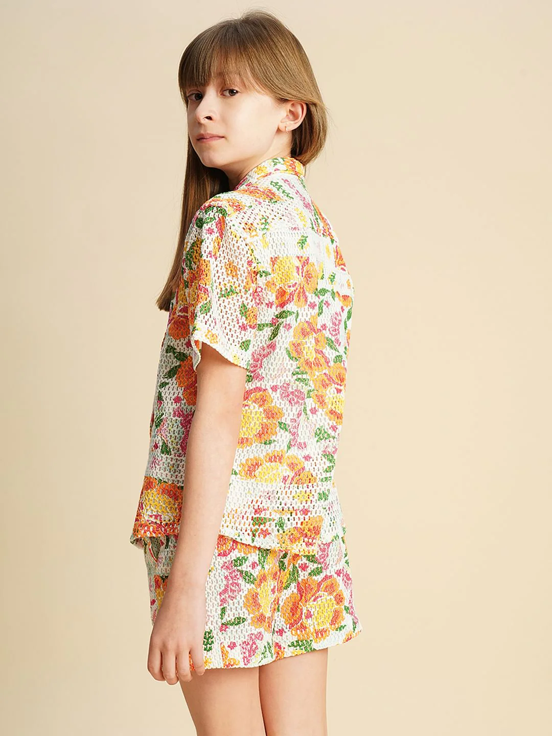 Girls Multi-Colour Crochet Printed Shirt - Image 3
