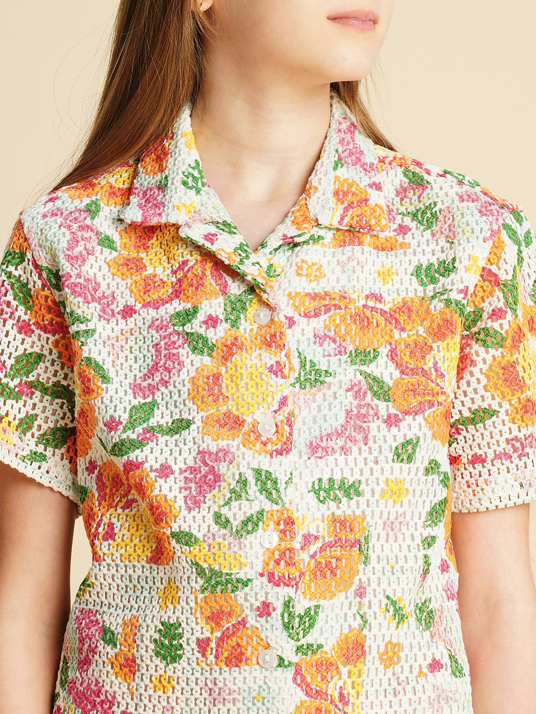Girls Multi-Colour Crochet Printed Shirt - Image 4
