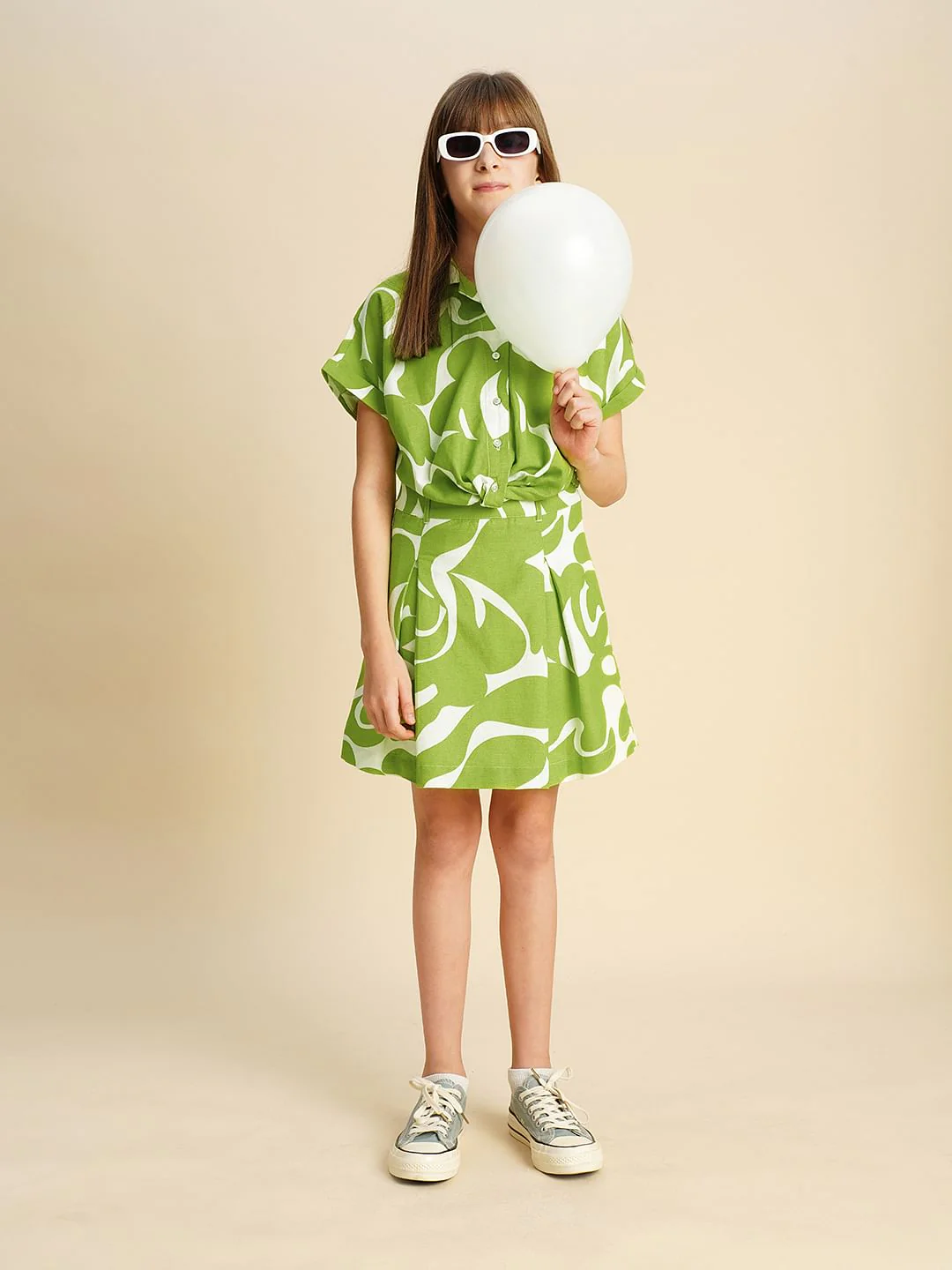Girls Green Pleated Printed Skirt
