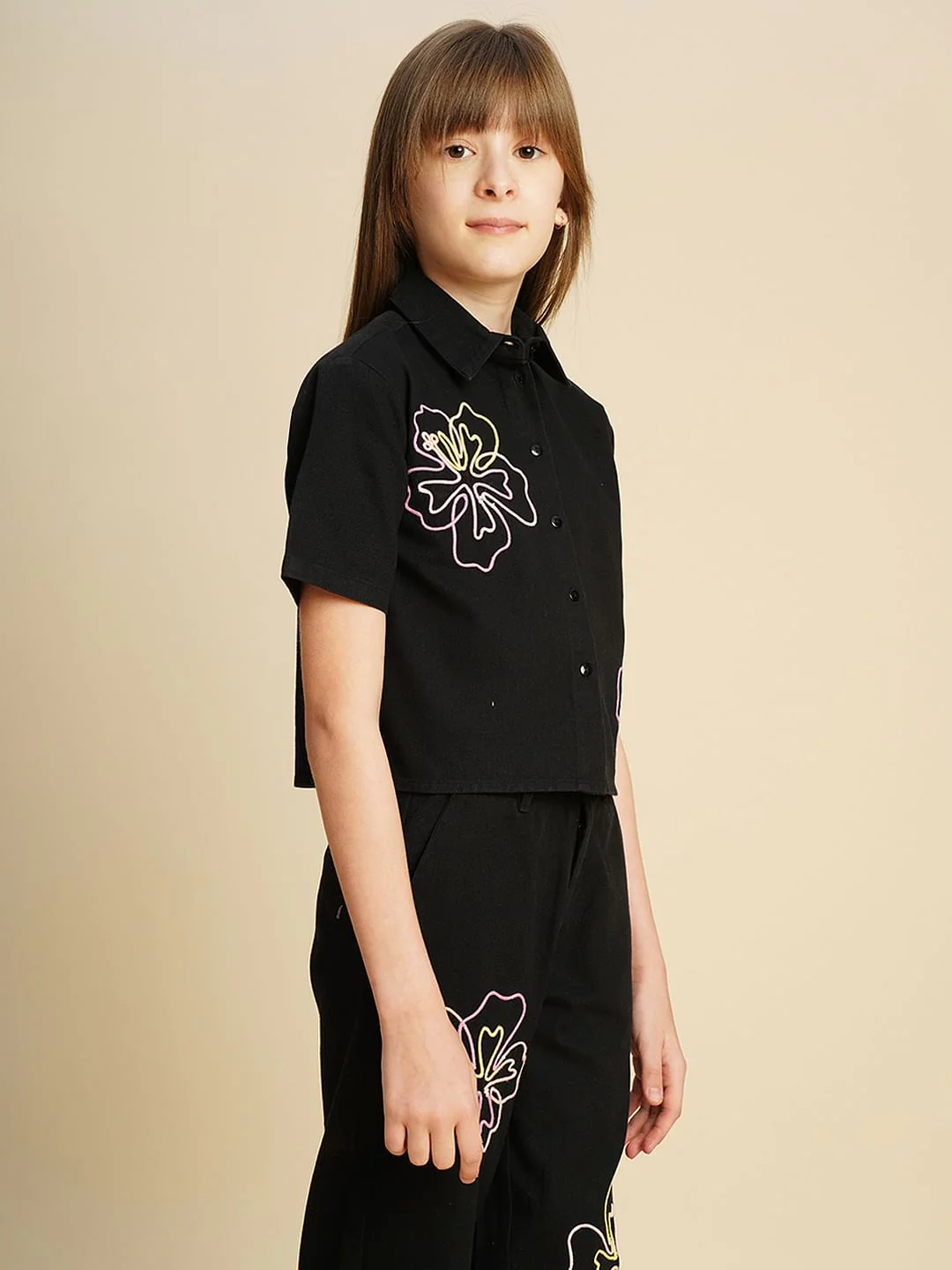 Girls Black Cording Detail Co-Ord Set Shirt - Image 2