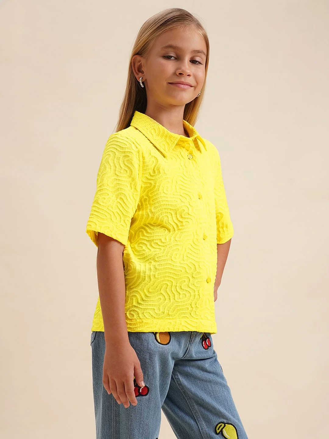 Girls Yellow Cotton Short Sleeves Shirt - Image 2