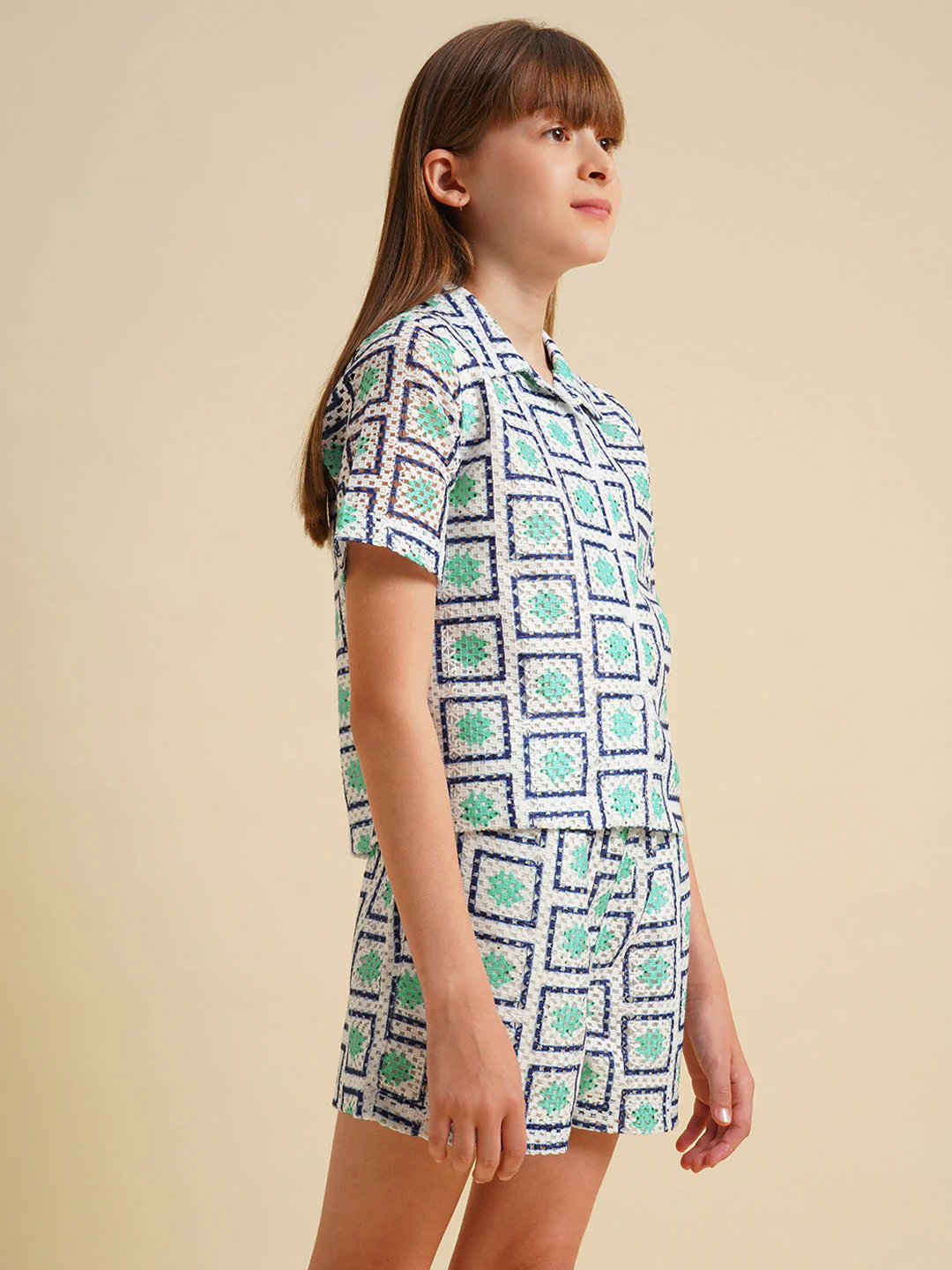 Girls White Printed Crochet Shirt - Image 2