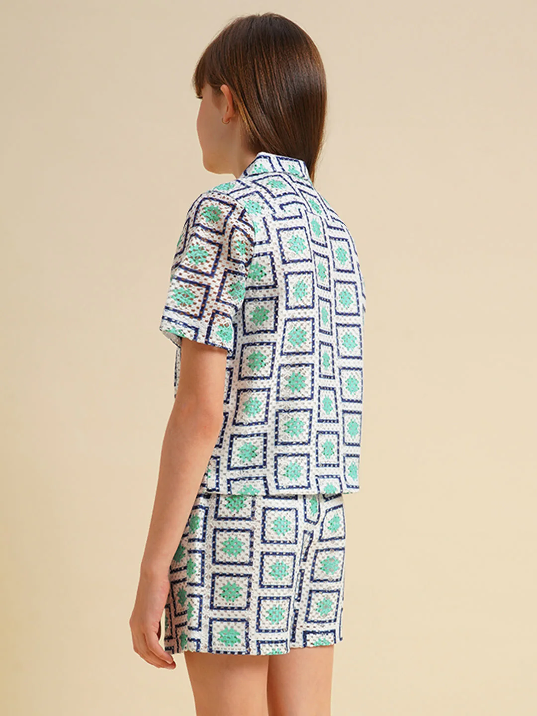 Girls White Printed Crochet Shirt - Image 3