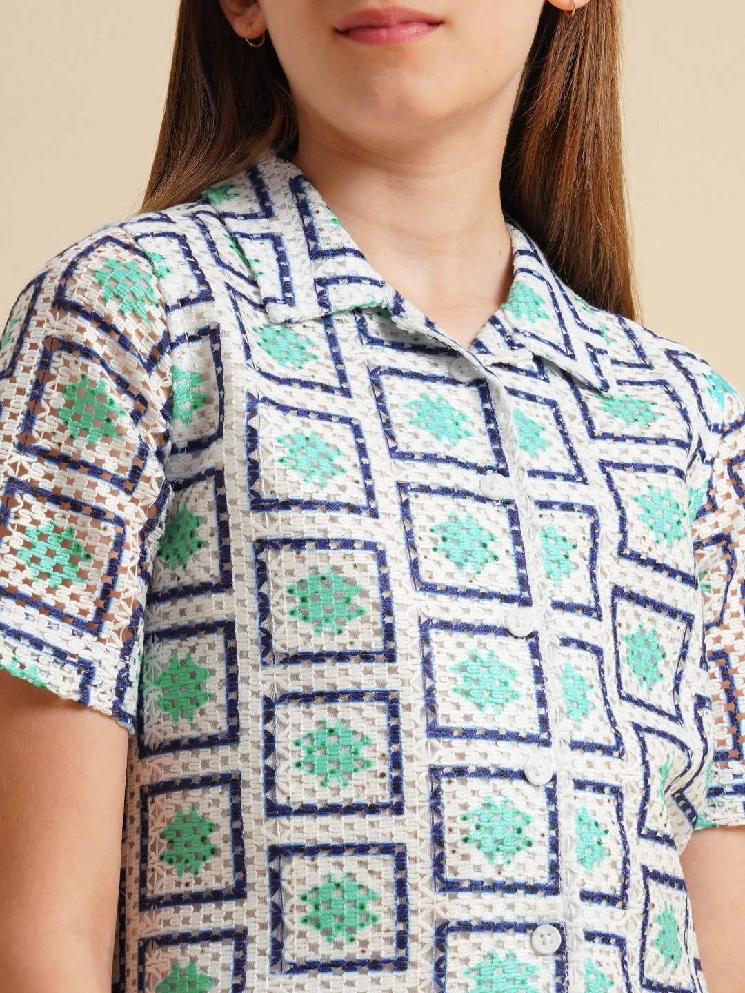 Girls White Printed Crochet Shirt - Image 4