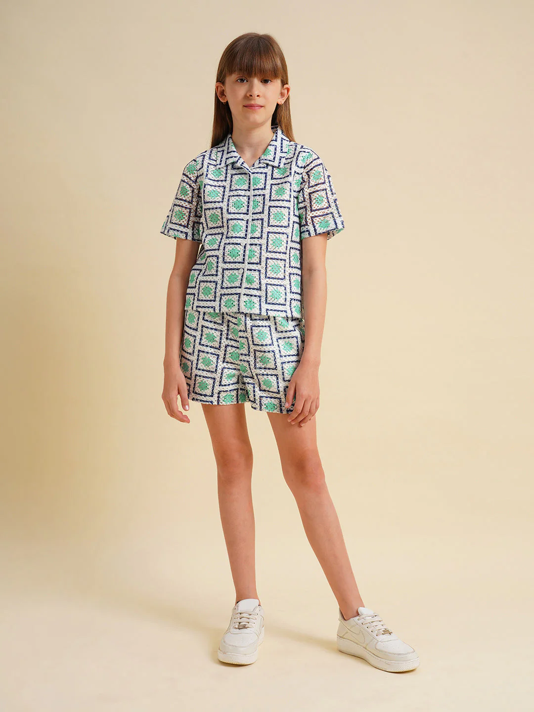 Girls White Printed Crochet Shirt - Image 5
