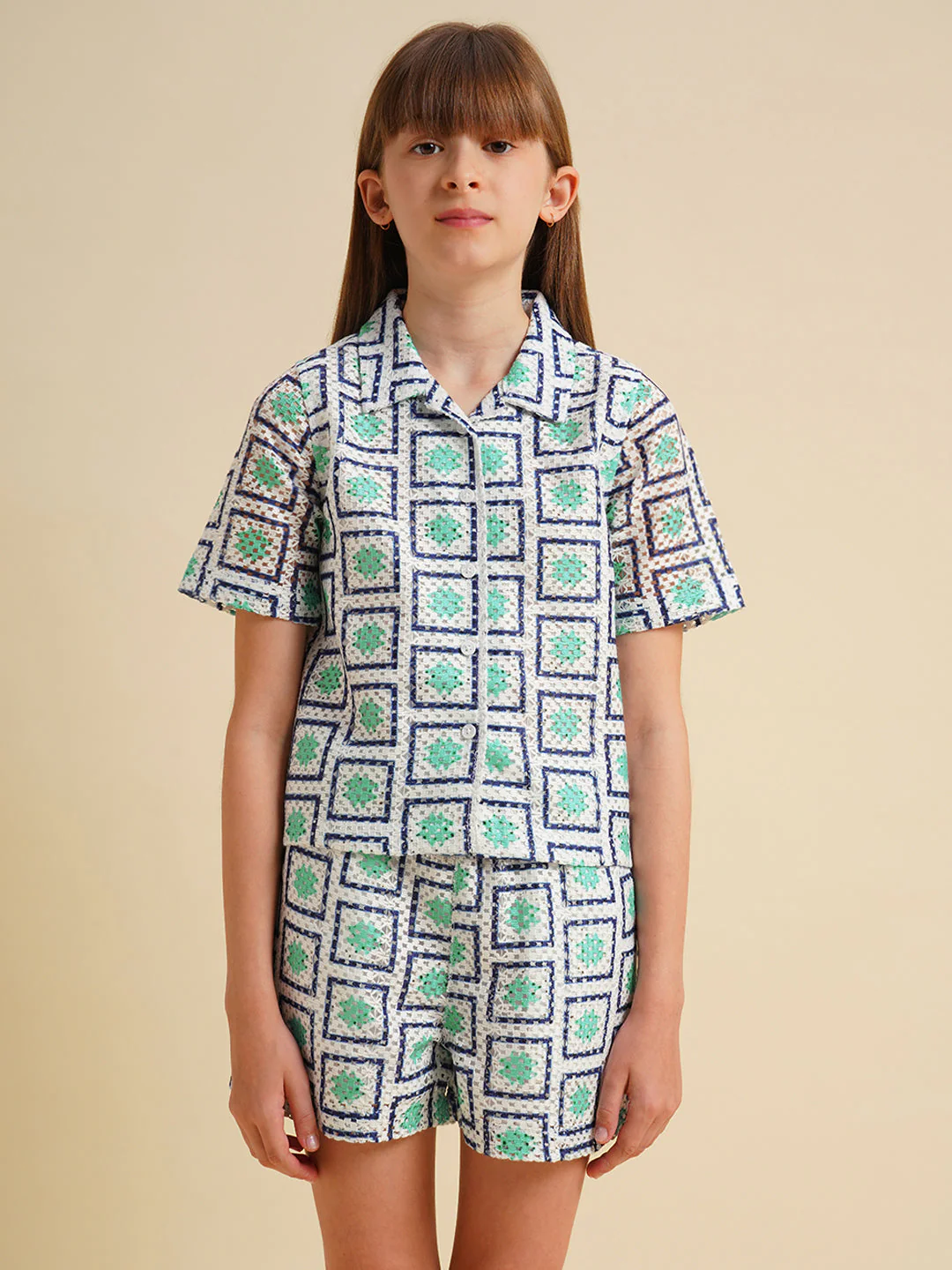 Girls White Printed Crochet Shirt - Image 7