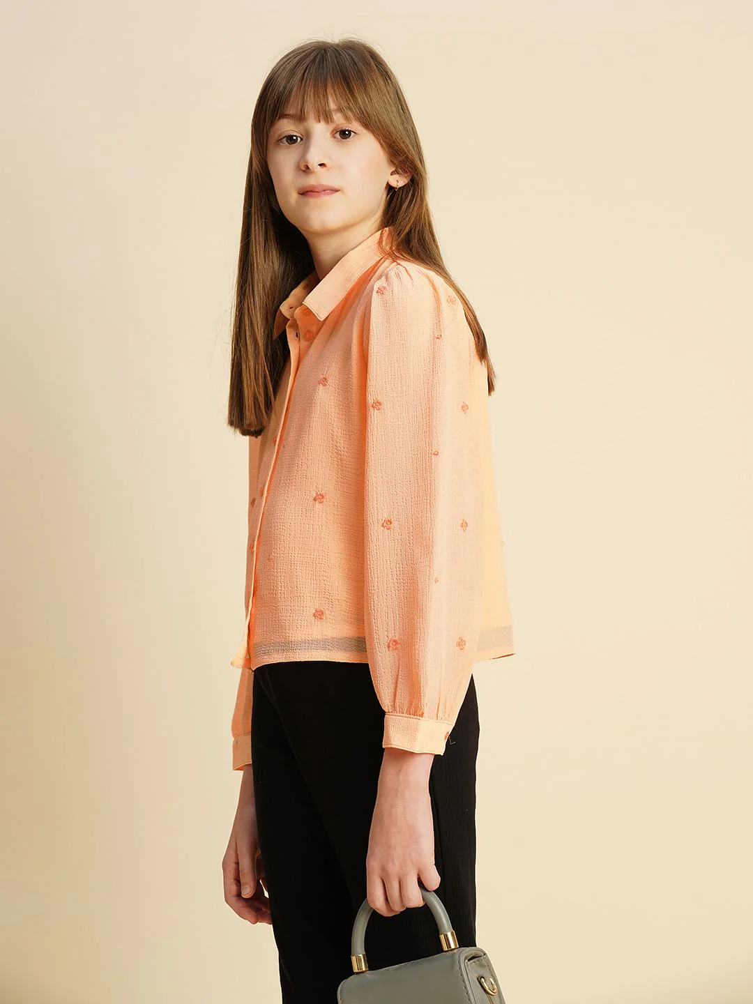 Girls Peach Embroidered Shirt