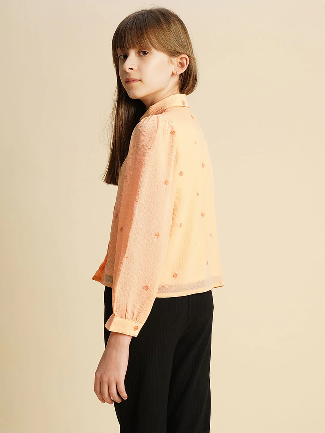 Girls Peach Embroidered Shirt - Image 3